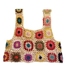 Crochet‎ Granny Square Tank Top Sleeveless Colorful Knit Vest Handmade